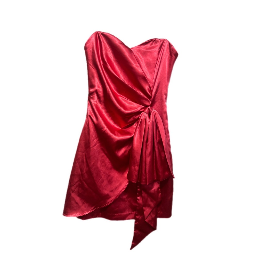 DO+BE Strapless Satin Mini Dress Womens Small Red Excellent Draped Knot Front
